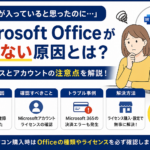 黄色い服を着た女性が困っているイラスト,microsoft officeが使えない原因とは？の文字
